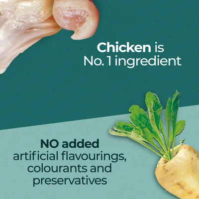 Chicken is No.1 ingredient. NO added artificial flavourings, colourants and preservatives. Tekst på engelsk om ingredienser og tilsætningsstoffer.