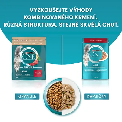 Purina One Bifensis Adult krmivo pre mačky: balenie granúl 750 g a kapsička 85 g, miska s granulami a mäsom. Text v češtine: Vyzkoušejte výhody kombinovaného krmení.