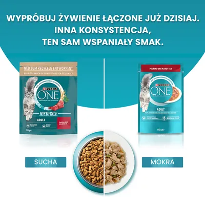 Purina One Bifensis Adult karma dla kotów: po lewej opakowanie suchej karmy 750 g, po prawej mokra karma 85 g. Na dole miska z suchą i mokrą karmą, napisy: SUCHa, MOKRA.