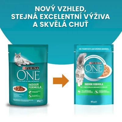 Porovnání starého a nového obalu PURINA ONE Indoor Formula 85 g, nápis: Nový vzhled, stejná excelentní výživa a skvělá chuť. Viditelný text na obalech včetně značky.