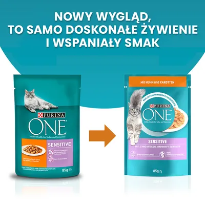 Porównanie starego i nowego opakowania Purina ONE Sensitive 85 g. Napis: Nowy wygląd, to samo doskonałe żywienie i wspaniały smak.