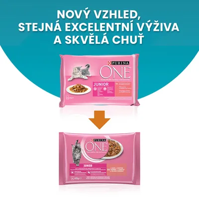 Porovnání starého a nového obalu PURINA ONE Junior s textem: Nový vzhled, stejná excelentní výživa a skvělá chuť.