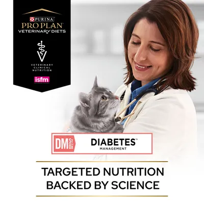 Purina Pro Plan Veterinary Diets, Veterinary Clinical Nutrition, ISFM. DM St/Ox Diabetes Management. Targeted nutrition backed by science. Vet holding grey cat.