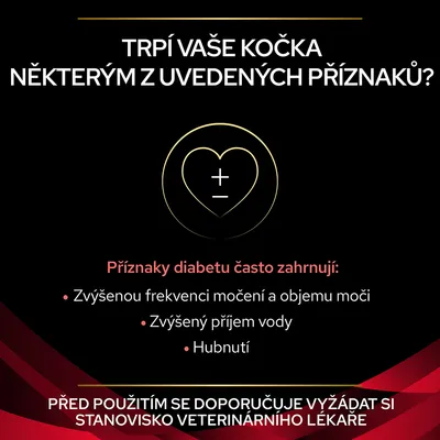 Příznaky diabetu u koček: zvýšená frekvence močení a objem moči, zvýšený příjem vody, hubnutí. Před použitím se doporučuje vyžádat si stanovisko veterinárního lékaře.