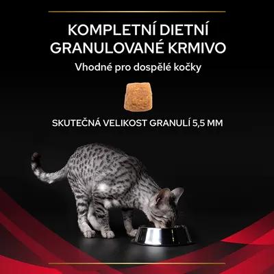 Kompletní dietní granulované krmivo, vhodné pro dospělé kočky. Skutečná velikost granulí 5,5 mm. Zobrazená kočka u misky.