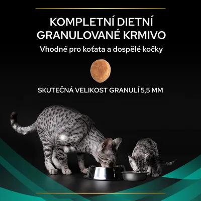 Text: Kompletní dietní granulované krmivo. Vhodné pro koťata a dospělé kočky. Skutečná velikost granulí 5,5 mm. Dve mačky jedia z misiek, nad nimi granula.
