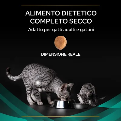 ALIMENTO DIETETICO COMPLETO SECCO. Adatto per gatti adulti e gattini. Dimensione reale di una crocchetta mostrata sopra due gatti che mangiano da ciotole.