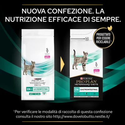 Nuova confezione Purina Pro Plan Veterinary Diets EN Gastrointestinal per gatti. Testo: Progettato per essere riciclabile. Consulta www.dovelobutto.nestle.it per info raccolta.