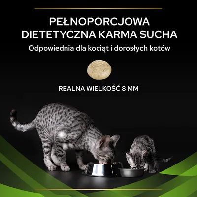 PEŁNOPORCJOWA DIETETYCZNA KARMA SUCHA. Odpowiednia dla kociąt i dorosłych kotów. Realna wielkość 8 mm.