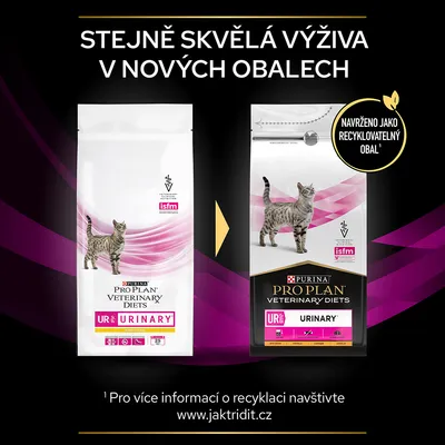 PURINA PRO PLAN VETERINARY DIETS UR Urinary pre mačky, starý a nový obal s textom: Navrhnuté ako recyklovateľný obal. Text v češtine: Stejně skvělá výživa v nových obalech.
