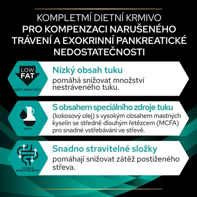 Kompletní dietní krmivo pro kompenzaci narušeného trávení a exokrinní pankreatické nedostatečnosti. Nízký obsah tuku, speciální zdroj tuku (MCFA), snadno stravitelné složky.