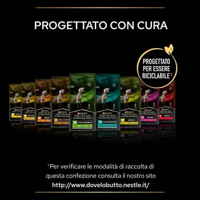 Confezioni di Purina Pro Plan Veterinary Diets per cani, testo: 'Progettato con cura', 'Progettato per essere riciclabile'. Sito: www.dovelobutto.nestle.it per info raccolta confezione.