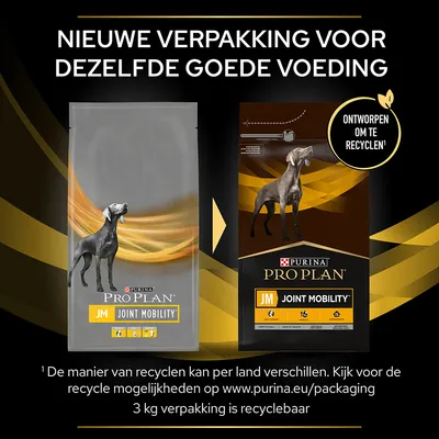 Nieuwe verpakking Purina Pro Plan JM Joint Mobility hondenvoer, ontworpen om te recyclen. 3 kg verpakking is recyclebaar. Zelfde voeding, vernieuwde verpakking.