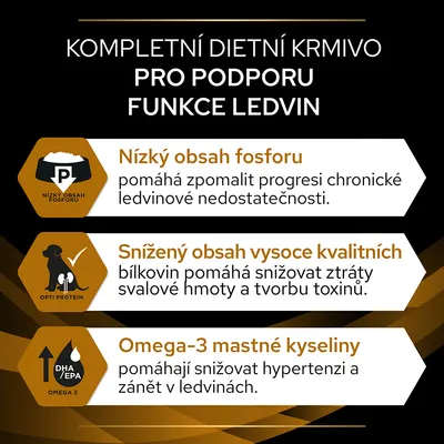 Text v češtine: Kompletní dietní krmivo pro podporu funkce ledvin. Nízký obsah fosforu, snížený obsah vysoce kvalitních bílkovin, omega-3 mastné kyseliny.
