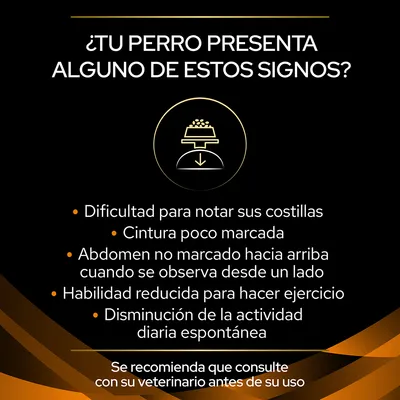 ¿Tu perro presenta alguno de estos signos? Dificultad para notar sus costillas, cintura poco marcada, abdomen no marcado hacia arriba, habilidad reducida para ejercicio, disminución de actividad diaria. Se recomienda consultar con su veterinario antes de su uso.