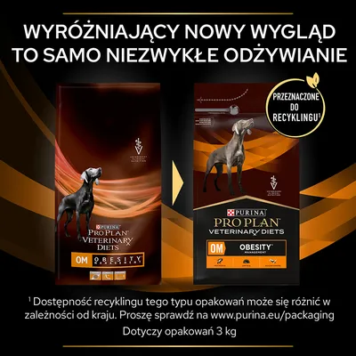 Purina Pro Plan Veterinary Diets OM Obesity Management dla psów, nowe opakowanie 3 kg, przeznaczone do recyklingu. Wyróżniający nowy wygląd, to samo niezwykłe odżywianie.