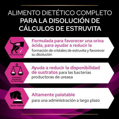Alimento dietético completo para disolución de cálculos de estruvita. pH controlado, contenido moderado en proteínas, gran sabor. Formulada para orina ácida y administración a largo plazo.
