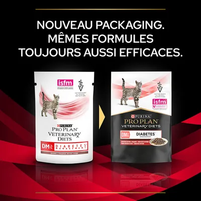 NOUVEAU PACKAGING. MÊMES FORMULES TOUJOURS AUSSI EFFICACES. PURINA PRO PLAN VETERINARY DIETS DM ST/OX DIABETES MANAGEMENT, isfm, VETERINARY CLINICAL NUTRITION visibles sur les deux sachets.