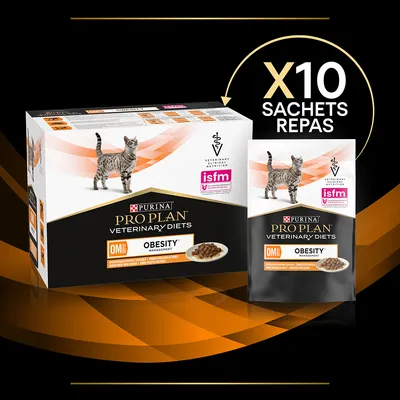 Purina Pro Plan Veterinary Diets OM Obesity Management pour chat, lot de 10 sachets repas. Texte visible : isfm, VETERINARY DIETS, gestion du poids, 0M, alimentation humide.