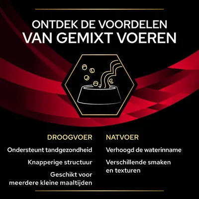 Ontdek de voordelen van gemixt voeren. Droogvoer: ondersteunt tandgezondheid, knapperige structuur, geschikt voor meerdere kleine maaltijden. Natvoer: verhoogd de waterinname, verschillende smaken en texturen.