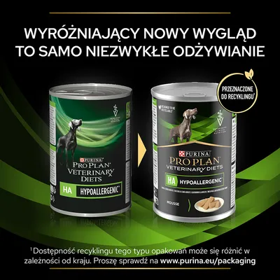 Dwie puszki Purina Pro Plan Veterinary Diets HA Hypoallergenic, stary i nowy wygląd opakowania. Napis: Przeznaczone do recyklingu. Wyróżniający nowy wygląd, to samo niezwykłe odżywianie.