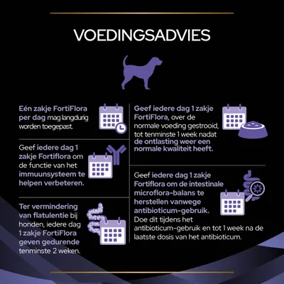 Voedingsadvies voor honden: dagelijks 1 zakje FortiFlora, langdurig toepasbaar. Gebruik bij immuunsysteem, normale ontlasting, microflora-herstel na antibiotica en bij flatulentie.