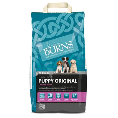 Burns Puppy Original Chicken & Rice tørfoder til hvalpe, tekst: All Breeds. Puppy · Junior. Ikoner for sund hud, fordøjelse, udvikling, naturlig smag, hypoallergenisk. Tre hundehvalpe vist.