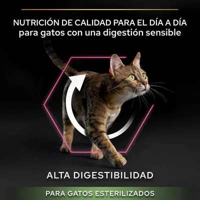 Nutrición de calidad para el día a día para gatos con una digestión sensible. Alta digestibilidad para gatos esterilizados.