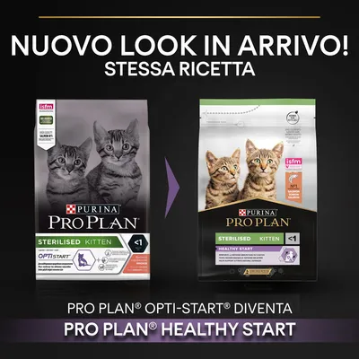 Nuovo look in arrivo! Stessa ricetta. PRO PLAN Opti-Start diventa PRO PLAN Healthy Start. Immagine di due confezioni di crocchette per gatti sterilizzati kitten Purina Pro Plan.