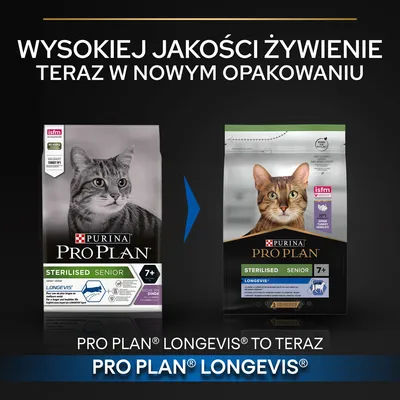 Purina Pro Plan Sterilised Senior 7+ LongevIs dla kotów, zmiana opakowania; po lewej stare, po prawej nowe. Napis: wysokiej jakości żywienie teraz w nowym opakowaniu.