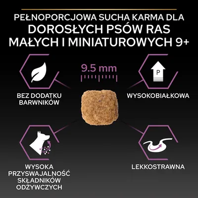 Pełnoporcjowa sucha karma dla dorosłych psów ras małych i miniaturowych 9+, bez dodatku barwników, wysokobiałkowa, lekkostrawna, wysoka przyswajalność, granulka 9,5 mm.
