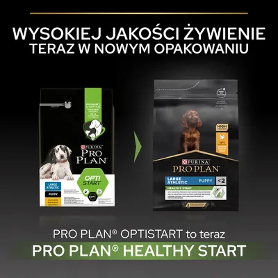 Purina Pro Plan Large Athletic Puppy: zmiana opakowania z Optistart na Healthy Start. Wysokiej jakości żywienie teraz w nowym opakowaniu.
