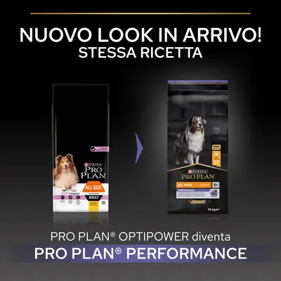 Nuovo look in arrivo! Stessa ricetta. PRO PLAN OPTIPOWER diventa PRO PLAN PERFORMANCE. Immagine di due confezioni di crocchette per cani adulti, tutte le taglie, 14 kg.