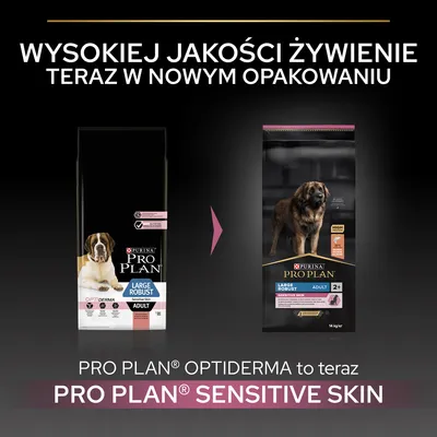 Purina Pro Plan Large Robust Adult Sensitive Skin – zmiana opakowania; Pro Plan Optiderma to teraz Pro Plan Sensitive Skin. Wysokiej jakości żywienie w nowym opakowaniu.