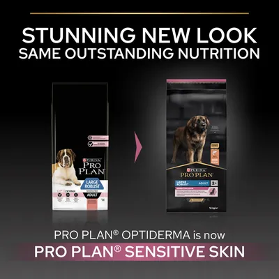 PURINA PRO PLAN Large Robust Adult hundefoder: tidligere OPTIDERMA, nu SENSITIVE SKIN. Billede viser ændring af emballage og navn. Tekst på engelsk.