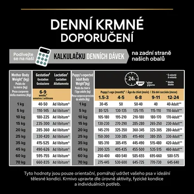 Denné kŕmne odporúčania pre psov: tabuľka dávkovania podľa hmotnosti matky, veku a očakávanej hmotnosti šteňaťa. Hodnoty v gramoch na deň, orientačné množstvá pre rôzne kategórie.