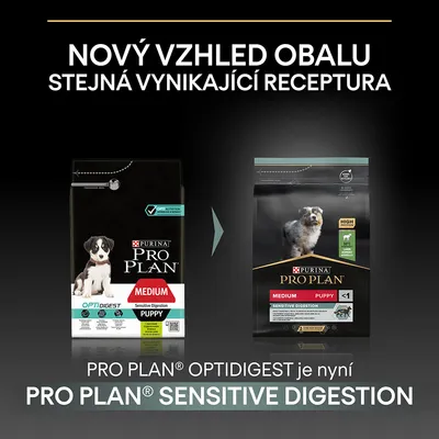 Porovnanie starého a nového balenia Purina Pro Plan Medium Puppy Sensitive Digestion. Text v češtine: Nový vzhled obalu, stejná vynikající receptura.