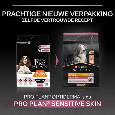 Purina Pro Plan Medium & Large Adult 7+ Sensitive Skin hondenvoer: oude verpakking Optiderma, nieuwe verpakking Sensitive Skin. Tekst: prachtige nieuwe verpakking, zelfde vertrouwde recept.