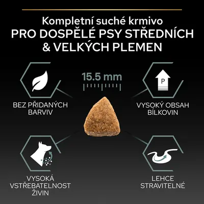 Kompletné suché krmivo pre dospelé psy stredných a veľkých plemien, veľkosť granule 15,5 mm, bez pridaných farbív, vysoký obsah bielkovín, vysoká vstrebateľnosť živín, ľahko stráviteľné. Text v češtine.