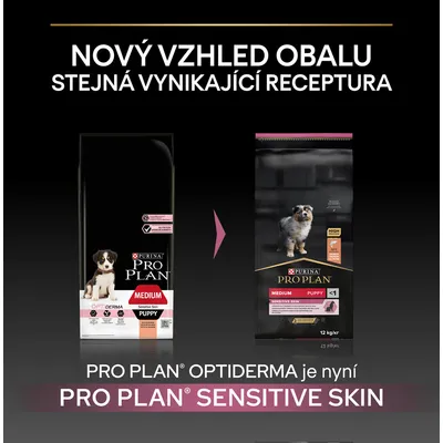 Porovnanie starého a nového balenia Purina Pro Plan Medium Puppy Sensitive Skin; nový názov produktu nahrádza Optiderma za Sensitive Skin. Text v češtine.