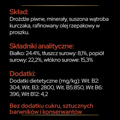 Skład: drożdże piwne, minerały, suszona wątroba kurczaka, olej rzepakowy. Białko 24,4%, tłuszcz 8,1%, popiół 22,2%, włókno 15,3%. Witaminy B2, B3, B5, B6, B12. Bez cukru i konserwantów.