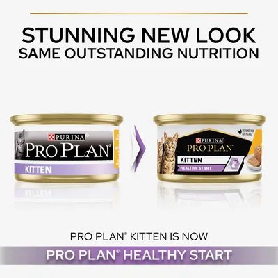 Purina Pro Plan Kitten új csomagolás: balra régi, jobbra új design 'Kitten Healthy Start' felirattal. Fent: STUNNING NEW LOOK SAME OUTSTANDING NUTRITION. Alul: PRO PLAN KITTEN IS NOW PRO PLAN HEALTHY START.
