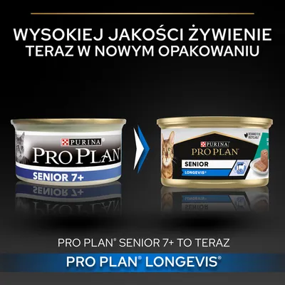Zmiana opakowania karmy Purina Pro Plan dla kotów: z Senior 7+ na Senior LongevIs. Napis: Wysokiej jakości żywienie teraz w nowym opakowaniu. Pro Plan Senior 7+ to teraz Pro Plan LongevIs.