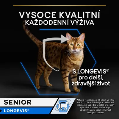 Text v češtine: VYSOCE KVALITNÍ KAŽDODENNÍ VÝŽIVA. S LONGEVIS® pro delší, zdravější život. SENIOR LONGEVIS®. Text o štúdii u 90 mačiek vo veku 7–17 rokov.