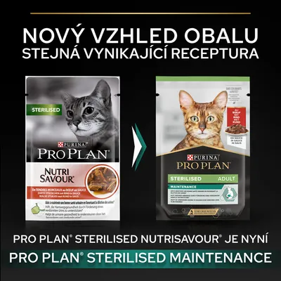 Porovnání starého a nového obalu krmiva Purina Pro Plan Sterilised pro kočky. Text: Nový vzhled obalu, stejná vynikající receptura. Nutri Savour je nyní Sterilised Maintenance.