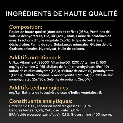 Liste des ingrédients : poulet, protéines, céréales, huiles végétales, minéraux. Informations nutritionnelles : protéines 29 %, matières grasses 15 %, EPA 0,1 %, glucosamine 400 mg/kg. Vitamines et additifs indiqués. Liste des ingrédients : poulet, protéines, céréales, huiles végétales, minéraux. Informations nutritionnelles : protéines 29 %, matières grasses 15 %, EPA 0,1 %, glucosamine 400 mg/kg. Vitamines et additifs indiqués.