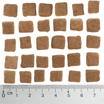 Square brown food pieces, size comparison with ruler in centimetres up to 7 cm.