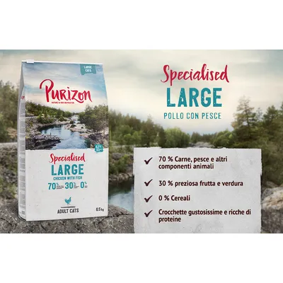 Purizon Specialised Large Pollo con pesce per gatti adulti, 70% carne, pesce e altri componenti animali, 30% frutta e verdura, 0% cereali, crocchette ricche di proteine, confezione da 6,5 kg.