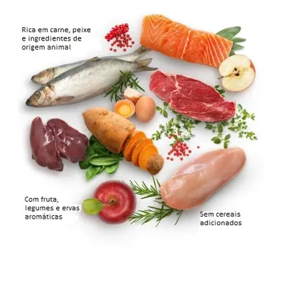 Rica em carne, peixe e ingredientes de origem animal. Com fruta, legumes e ervas aromáticas. Sem cereais adicionados.