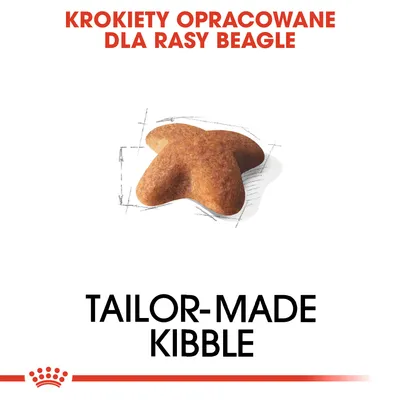 KROKIETY OPRACOWANE DLA RASY BEAGLE. TAILOR-MADE KIBBLE. Przedstawiono pojedynczy krokiet o nieregularnym kształcie.